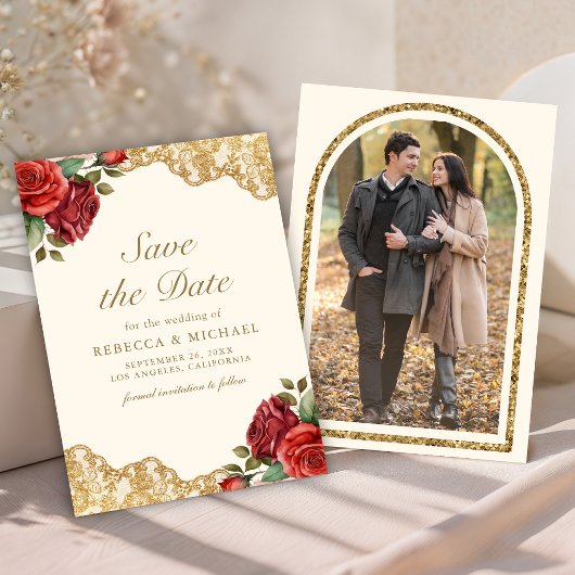 Rode Rozen Gouden Kant Crème Foto Bruiloft Save The Date