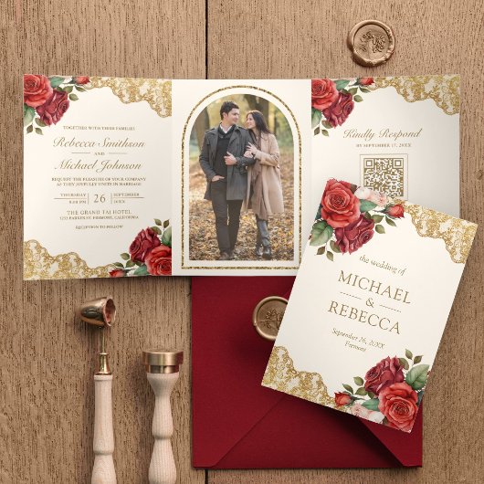 Rode Rozen Gouden Kant Crème QR Code Foto Bruiloft Drieluik Uitnodiging