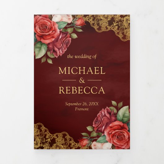 Rode Rozen Gouden Kant Maroon QR Code Foto Bruilof Drieluik Uitnodiging (Cover)
