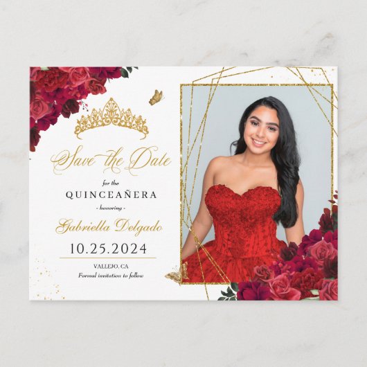 Rode Rozen & Gouden Tiara Quinceañera Foto Ansicht Briefkaart (Voorkant)