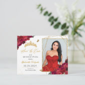 Rode Rozen & Gouden Tiara Quinceañera Foto Ansicht Briefkaart (Staand voorkant)