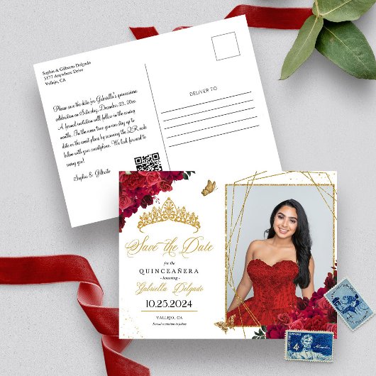 Rode Rozen & Gouden Tiara Quinceañera Foto Ansicht Briefkaart