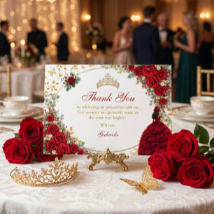 Rode Rozen Gouden Vlinders Quinceañera Bedankkaart