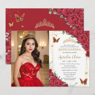 Rode Rozen Gouden Vlinders Quinceanera Foto Kaart