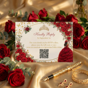 Rode Rozen Gouden Vlinders Quinceañera RSVP Kaartje