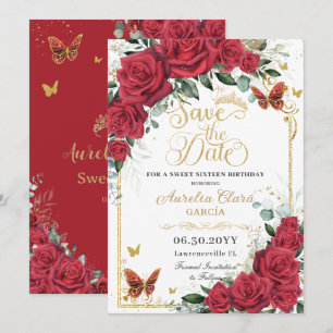 Rode Rozen Gouden Vlinders Quinceanera Sweet 16  Save The Date
