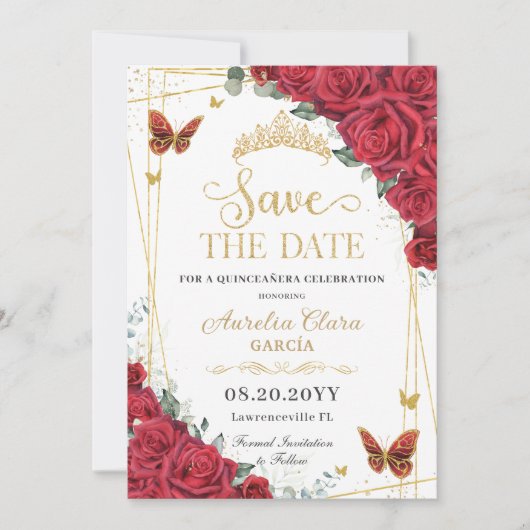Rode Rozen Gouden Vlinders Quinceanera Sweet 16 Save The Date (Voorkant)