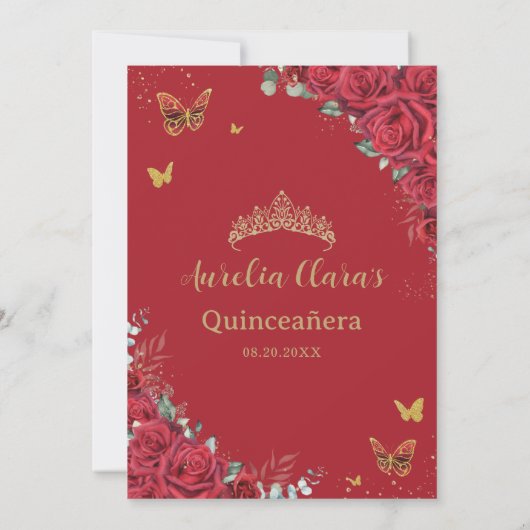 Rode Rozen Gouden Vlinders Quinceanera Sweet 16 Save The Date (Achterkant)