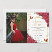 Rode Rozen Gouden Vlinders Sweet Sixteen Foto Save The Date (Voorkant)