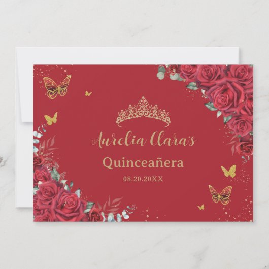 Rode Rozen Gouden Vlinders Sweet Sixteen Foto Save The Date (Achterkant)