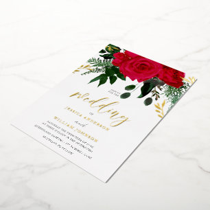 Rode Rozen & Green Leaf Wedding Gold Folie Folie Uitnodiging