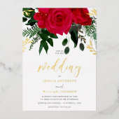 Rode Rozen & Green Leaf Wedding Gold Folie Uitnodiging (Voorkant)