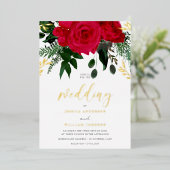 Rode Rozen & Green Leaf Wedding Gold Folie Uitnodiging (Staand Voorkant)