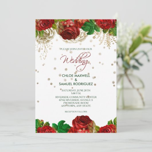 Rode rozen grens Floral Weddenschap Kaart (Staand voorkant)