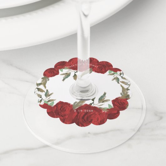 Rode rozen groen bruiloft wijnglaslabel (Dichtbij)
