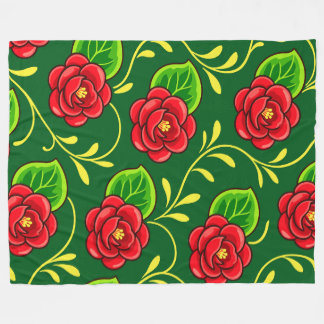 Rode Rozen, Groene Bladeren & Gebogen Gele Lijnen Fleece Deken