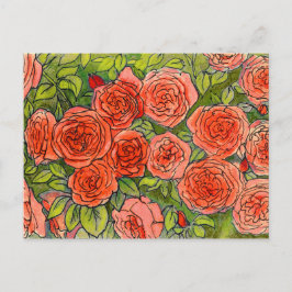 Rode rozen, groene bladeren Roos tuinschets Briefkaart