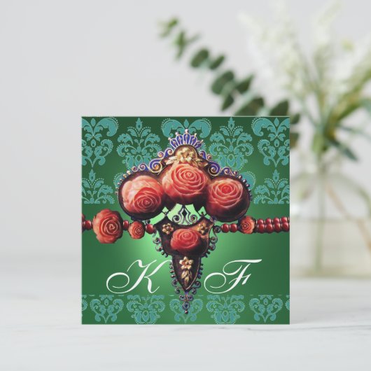 RODE ROZEN, GROENE BLAUWE DAMASKMONOGRAM KAART (Staand voorkant)