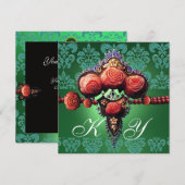 RODE ROZEN, GROENE BLAUWE DAMASKMONOGRAM KAART (Voorkant / Achterkant)