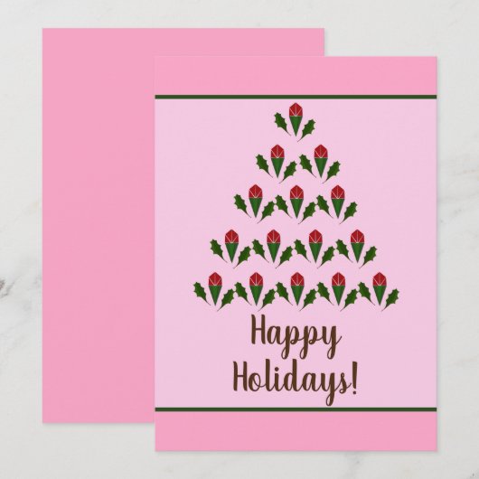 Rode Rozen & Groene Holly Kerstboom Art, Roze (Voorkant / Achterkant)
