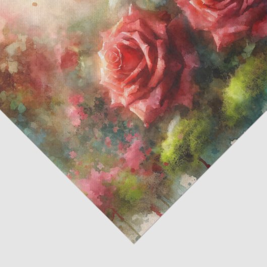 Rode Rozen Groene Mos Impressionistische Decoupage Tissuepapier (Detail)