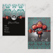 RODE ROZEN, GROENZWARTE WITTE DAMASKMONOGRAM VISITEKAARTJE (Voorkant / Achterkant)