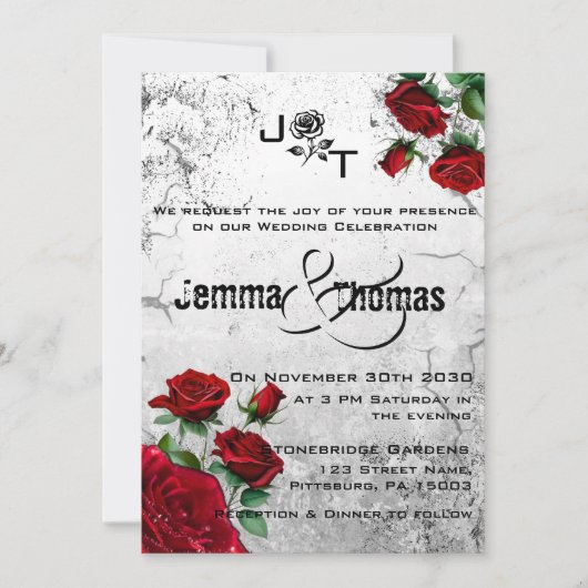 Rode Rozen & Grunge Getextureerde bruiloft uitnodi Kaart (Voorkant)