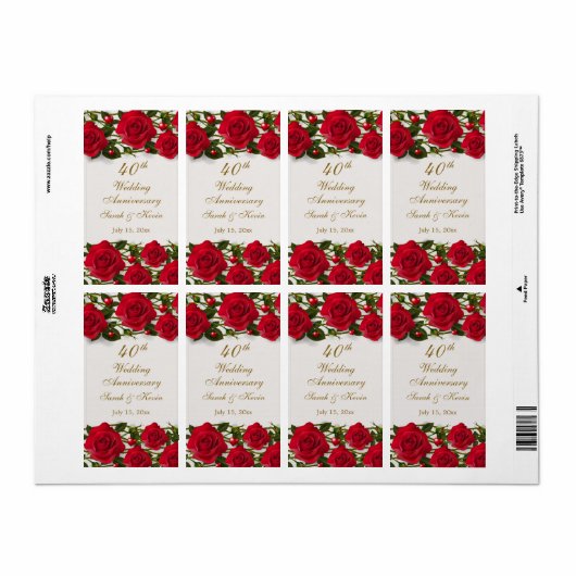 Rode rozen & harten 40e bruiloft Jubileum Etiket (Full Sheet)