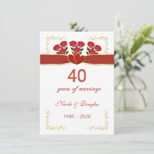 Rode rozen, harten 40ste Jubileum voor bruiloft Kaart (Staand voorkant)