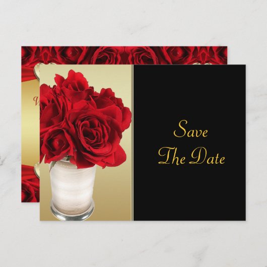 Rode Rozen & Harten, Goud & Zwarte Huwelijk Aankondigingskaart (Voorkant / Achterkant)