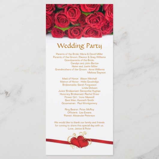 Rode rozen & harten Trouwprogramma Rack kaart (Achterkant)