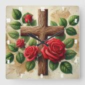 Rode Rozen houten kruis Vierkante Klok (Voorkant)