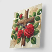 Rode Rozen houten kruis Vierkante Klok (Hoek)