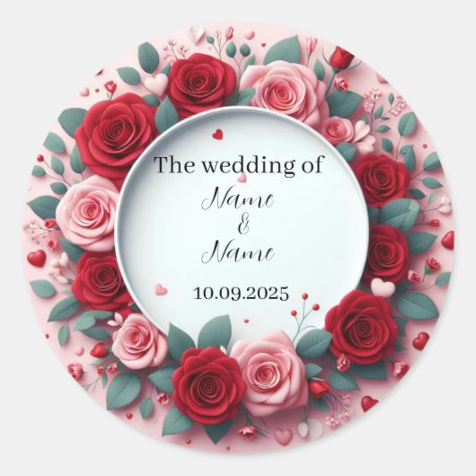 Rode rozen huwelijks smaakstickers  ronde sticker (Voorkant)