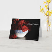 Rode Rozen in Blauw & Wit Bowl Verjaardag Kaart (Gele Bloem)