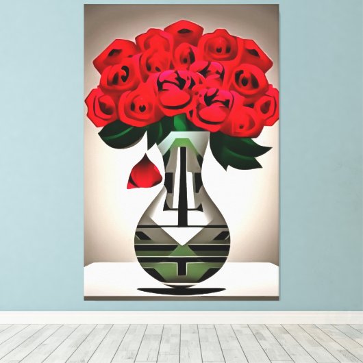 Rode rozen in vase Art Deco Abstracte kunst Canvas Afdruk (Insitu (Houten vloer))