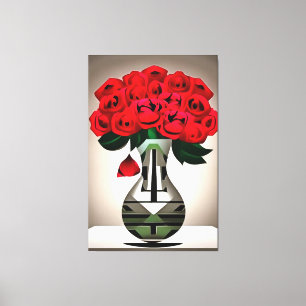 Rode rozen in vase Art Deco Abstracte kunst Canvas Afdruk
