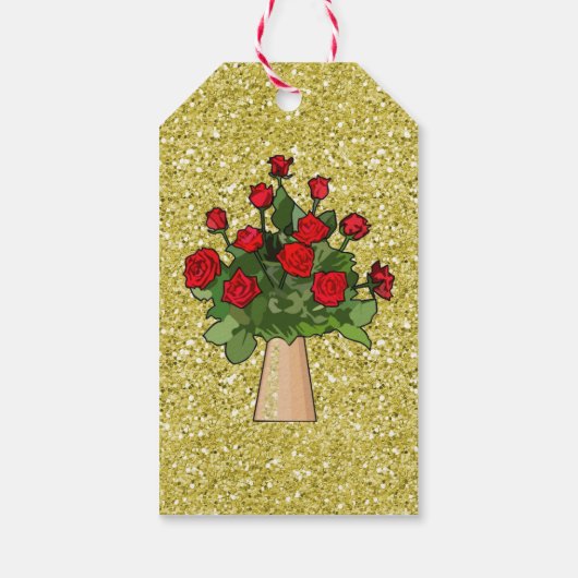 Rode rozen in Vase Gold Faux Glitter Cadeaulabel (Achterkant)