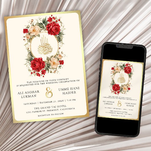 Rode Rozen Ivoor Bloemen Crème Goud Moslim Bruilof Kaart