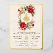 Rode Rozen Ivoor Bloemen Crème Moslim Bruiloft Gou Folie Uitnodiging (Voorkant)