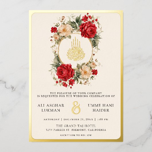 Rode Rozen Ivoor Bloemen Crème Moslim Bruiloft Gou Folie Uitnodiging (Voorkant)