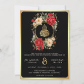 Rode Rozen Ivoor Bloemen Zwart Goud Moslim Bruilof Kaart (Voorkant)