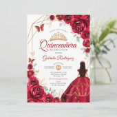Rode Rozen Jurk Goud Wit Quinceanera Kaart (Staand voorkant)