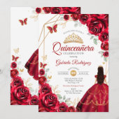 Rode Rozen Jurk Goud Wit Quinceanera Kaart (Voorkant / Achterkant)