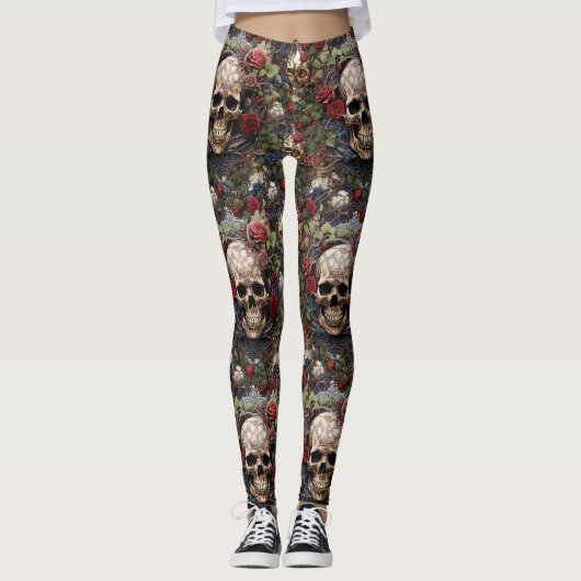 Rode rozen Keltische schedels Groene bladeren Natu Leggings (Voorkant)