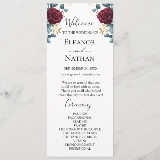 Rode Rozen Lente Zomer bruiloft Programmakaart (Voorkant)