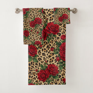 Rode rozen luipaardprintpatroon bad handdoek