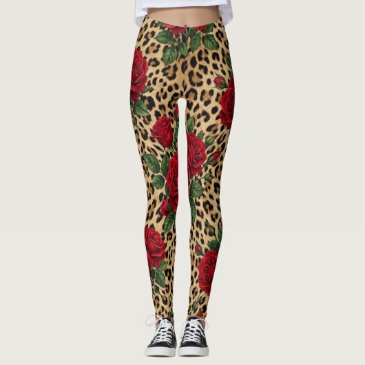 Rode rozen luipaardprintpatroon  leggings (Voorkant)