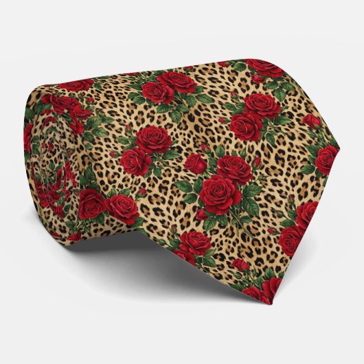 Rode rozen luipaardprintpatroon stropdas (Opgerold)