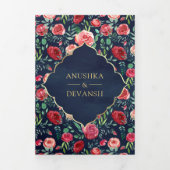 Rode Rozen Marine Blauw Bloemen Goud Indische Brui Drieluik Uitnodiging (Cover)